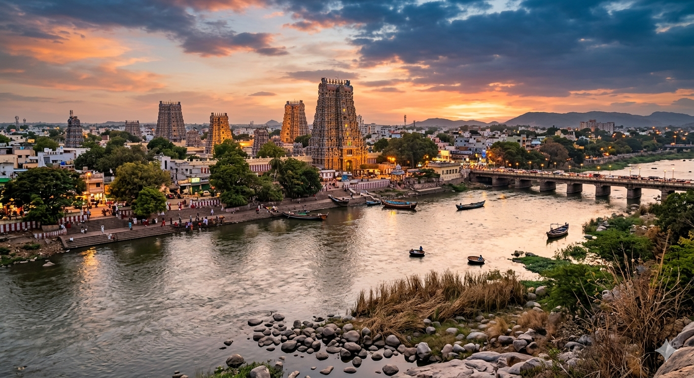 Madurai temple district and river at sunset